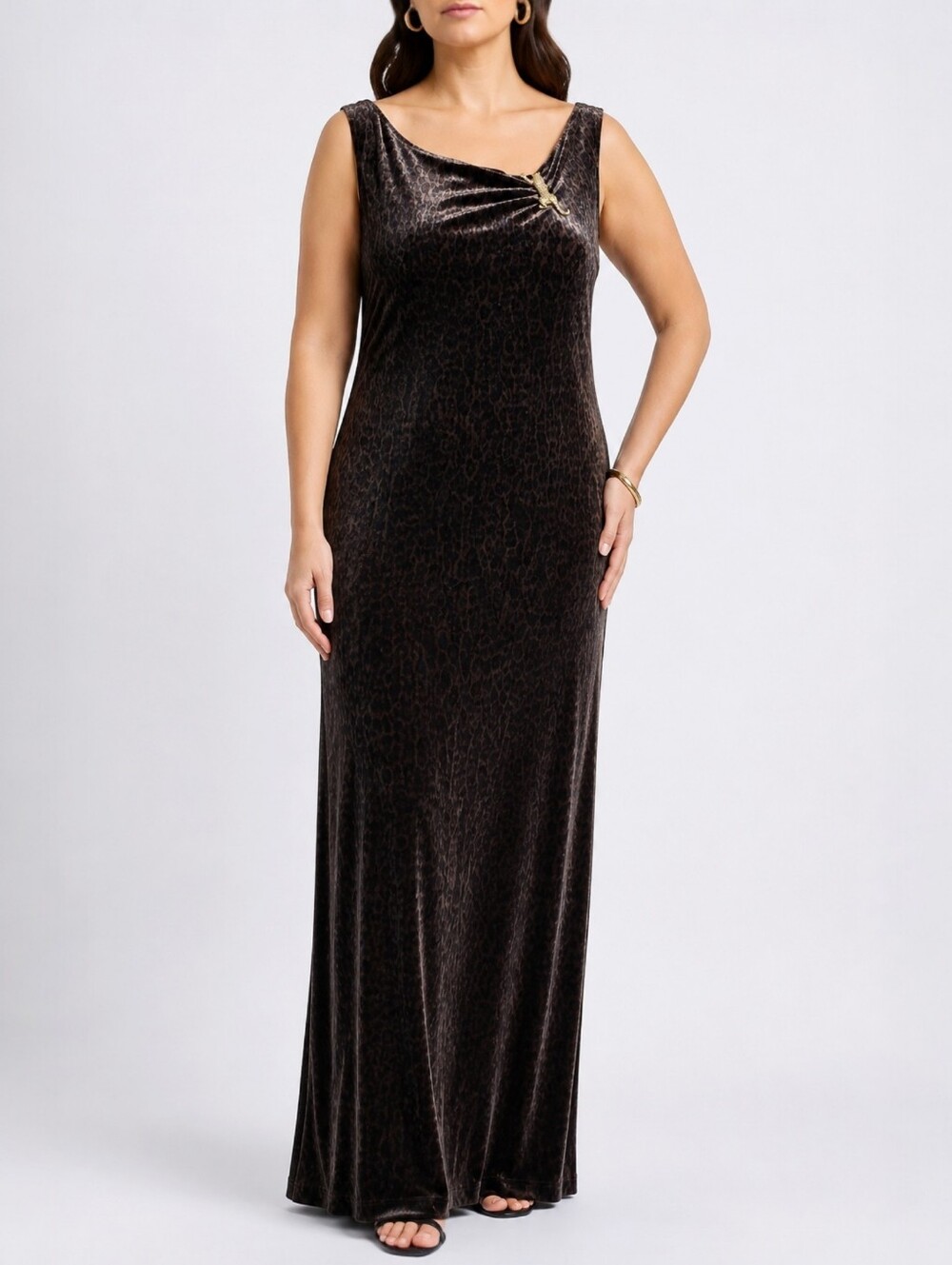 Joseph Ribkoff Couture Velvet Leopard Maxi Dress Panther Brooch Back Slit 12